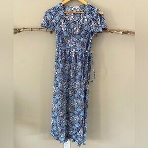 Patrons Of Peace Blue Floral Split Short Sleeve V-Neck Wrap Maxi Dress